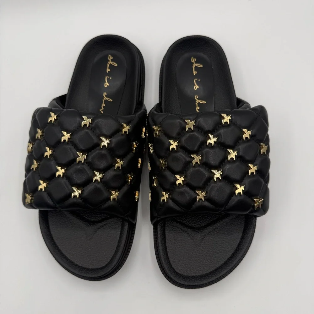 She Is Cheval Black Quilted Slide Sandals W/Gold Accents Comfort Designer Style - Picture 17 of 17